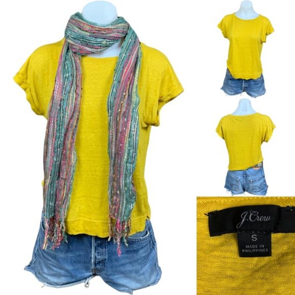 J. Crew Small Mustard Relax Fit Linen Tee Rolled Hem Short Sleeves T-shirt Basic - Picture 2 of 7
